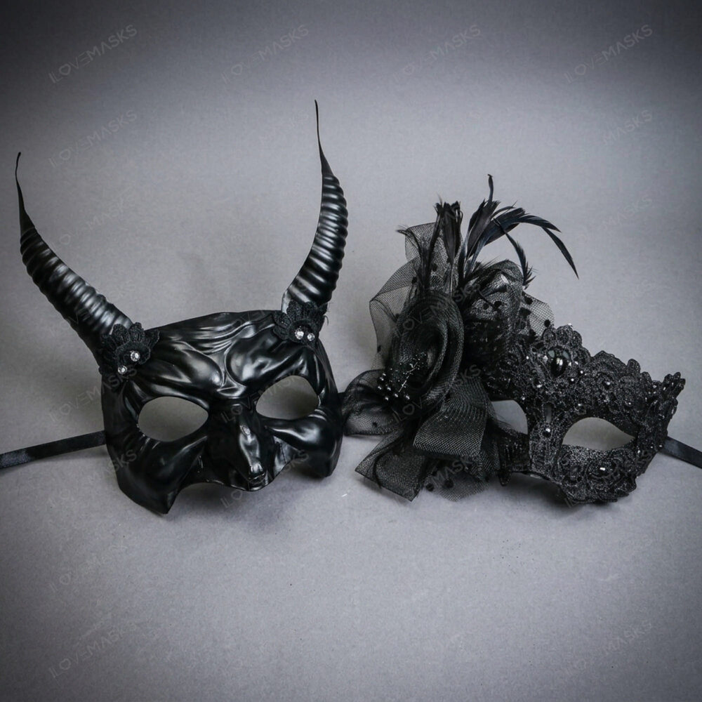 Black Devil Horn Demon Mask & Lace Feather Masquerade Couple Mask Set